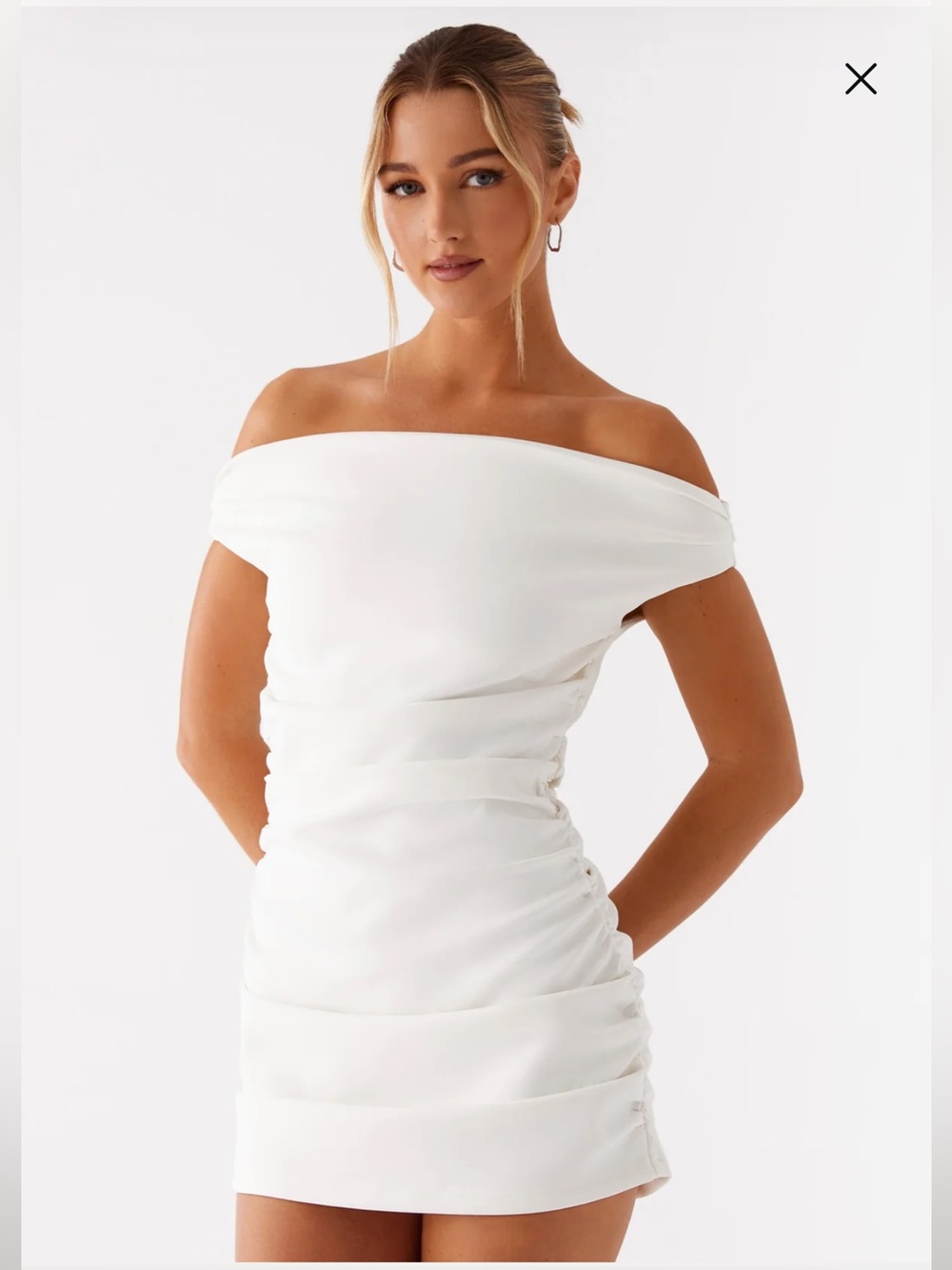 PEPPERMAYO Off-Shoulder White Ruched Mini Dress